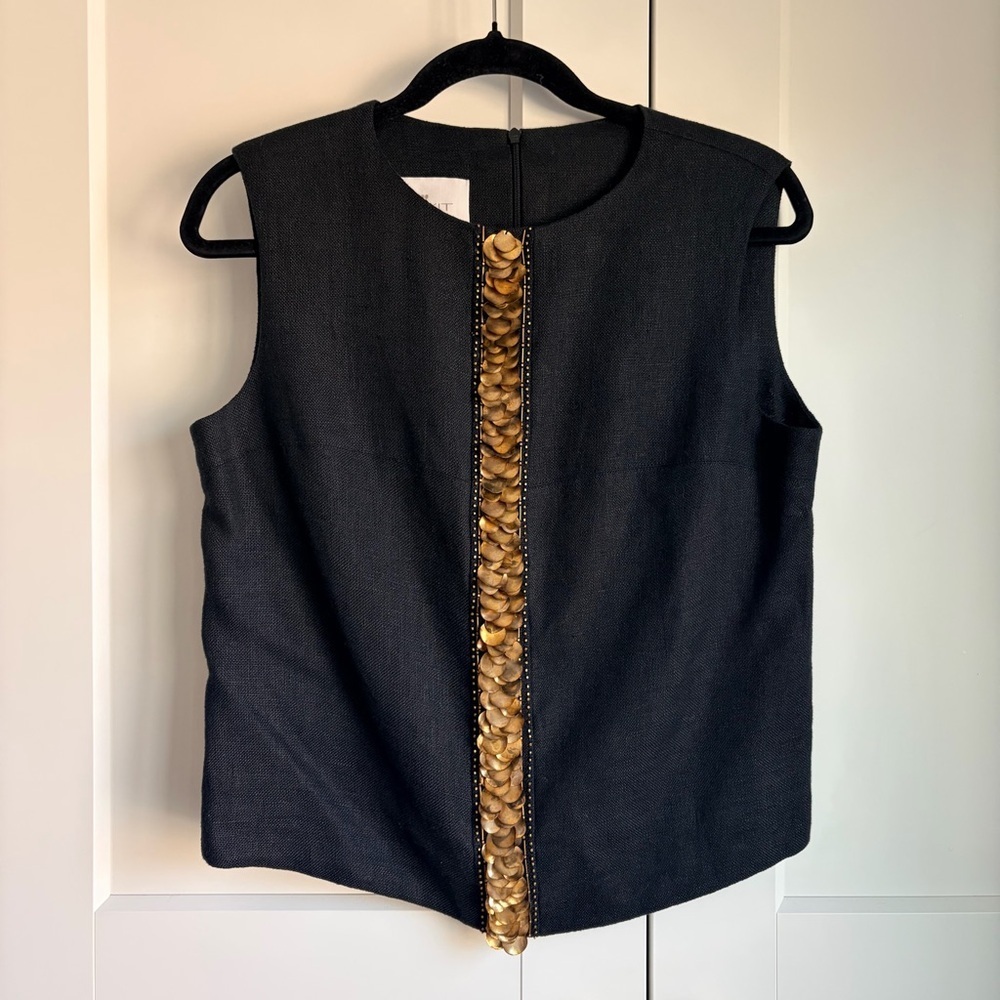 Maskit Black Linen Sleeveless Blouse with Gold Detailing | M